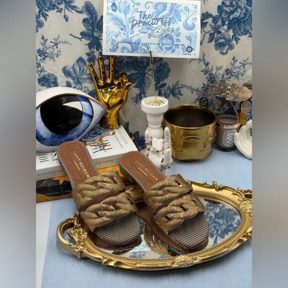 🆕 KURT GEIGER LONDON 🧿 NWOB Crystal Chain Flat Sandal, Gold - Sz EU37 US 7 - Picture 2 of 15